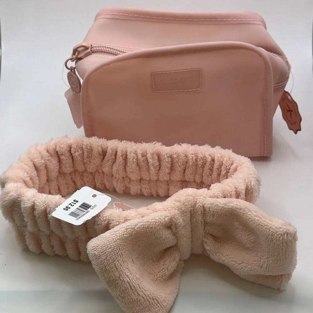NEW Bath & Body Works Pink Silicone Cosmetic Bag and Plush Bow Headband Set NWT